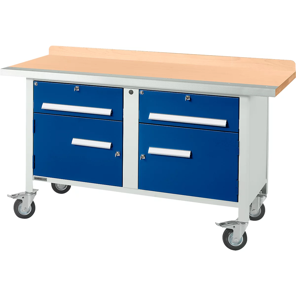 Verrijdbare werkbank Schäfer Shop Select PWi 150-0, beuken multiplex blad, met stalen rand, tot 400 kg, B 1500 x D 700 x H 840 mm