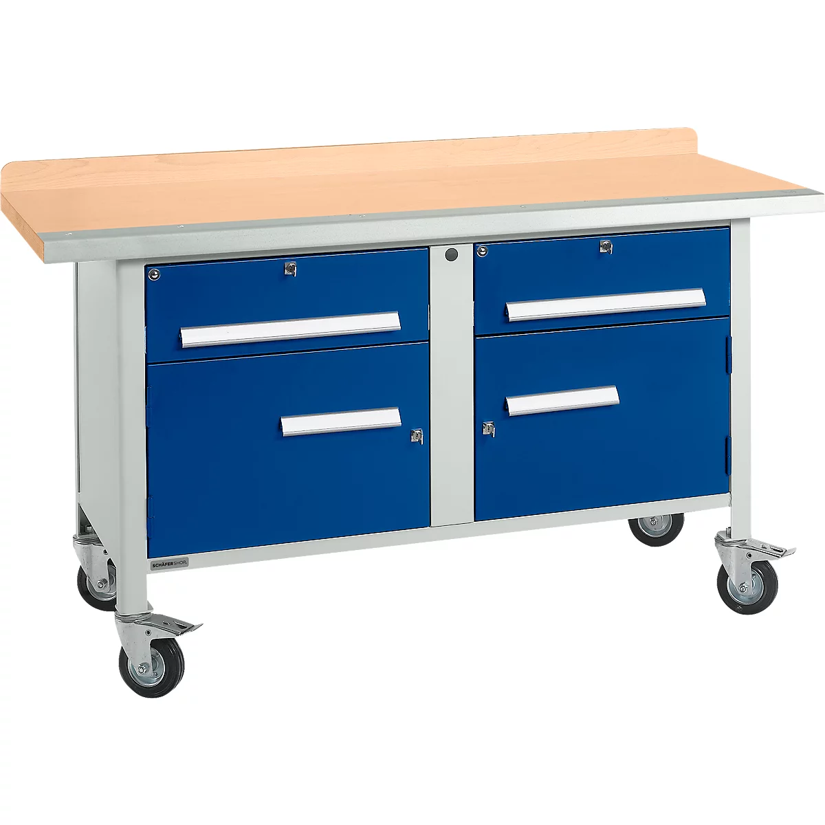 Verrijdbare werkbank Schäfer Shop Select PWi 150-0, beuken multiplex blad, met stalen rand, tot 400 kg, B 1500 x D 700 x H 840 mm