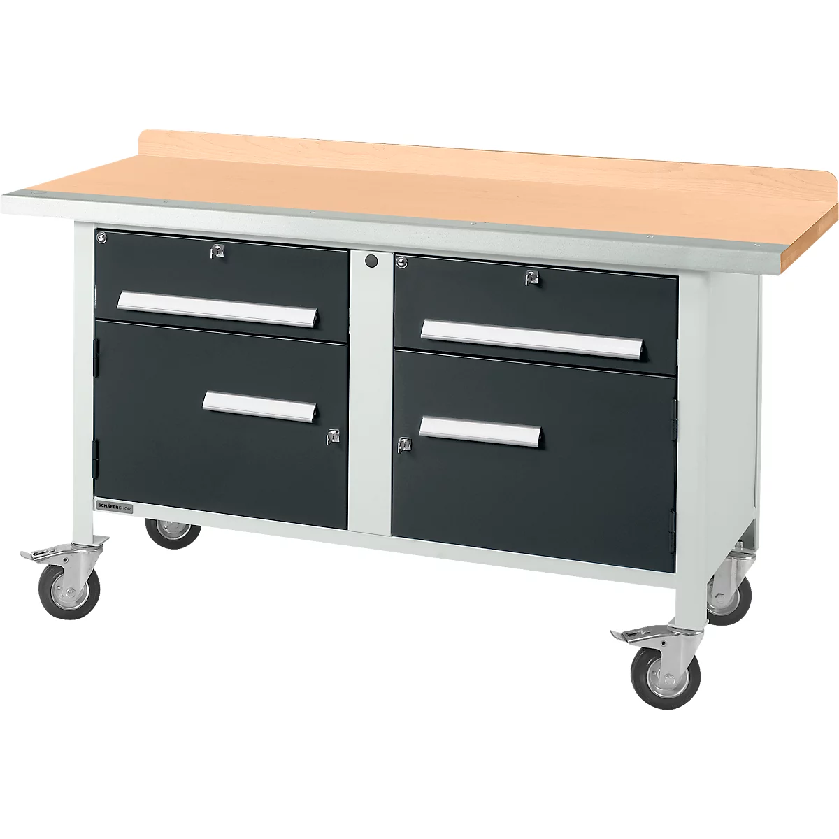 Verrijdbare werkbank Schäfer Shop Select PWi 150-0, beuken multiplex blad, met stalen rand, tot 400 kg, B 1500 x D 700 x H 840 mm