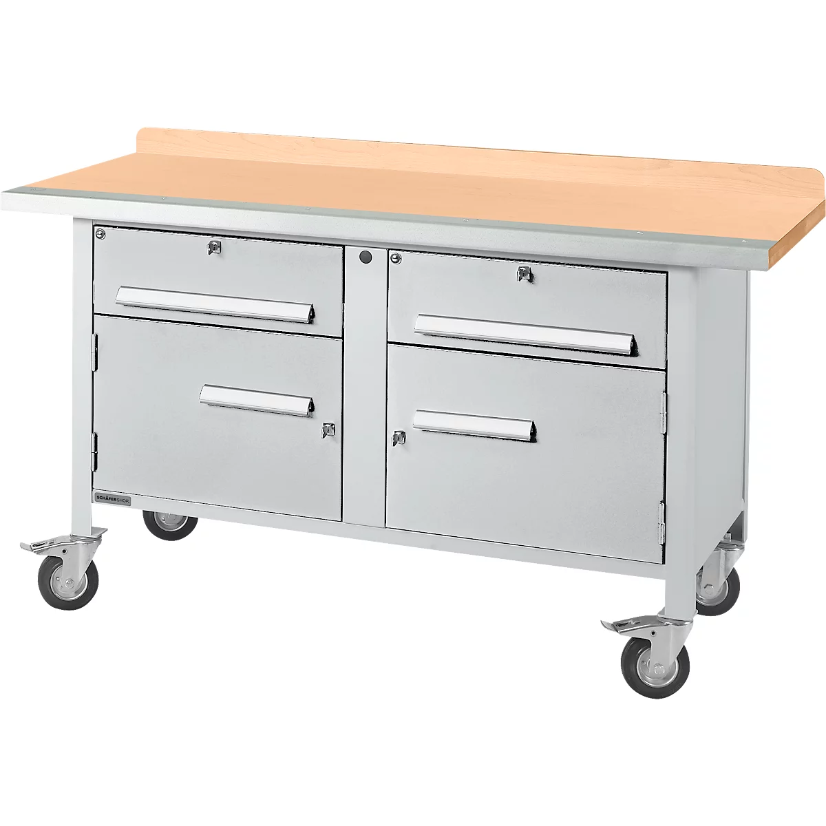 Verrijdbare werkbank Schäfer Shop Select PWi 150-0, beuken multiplex blad, met stalen rand, tot 400 kg, B 1500 x D 700 x H 840 mm