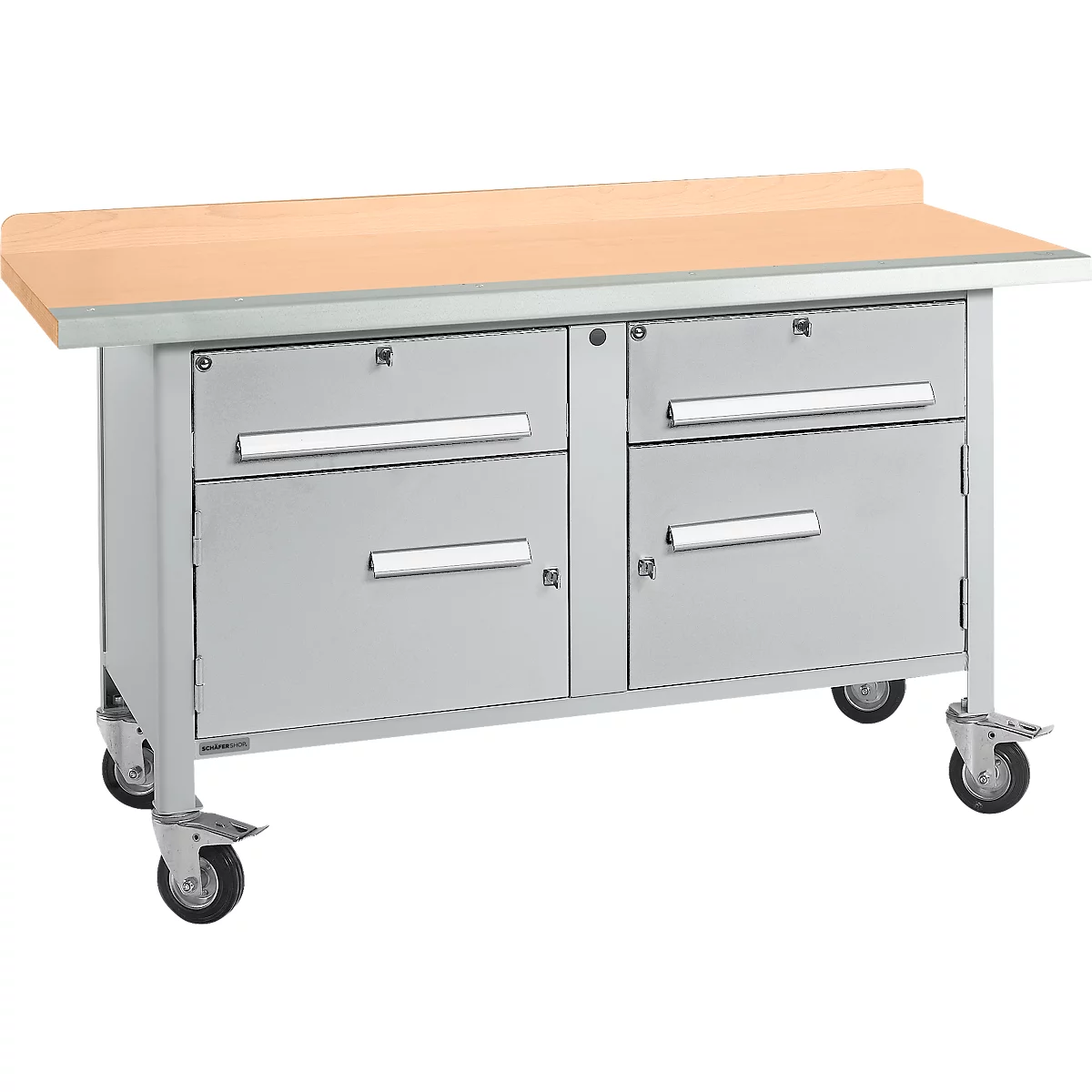 Verrijdbare werkbank Schäfer Shop Select PWi 150-0, beuken multiplex blad, met stalen rand, tot 400 kg, B 1500 x D 700 x H 840 mm