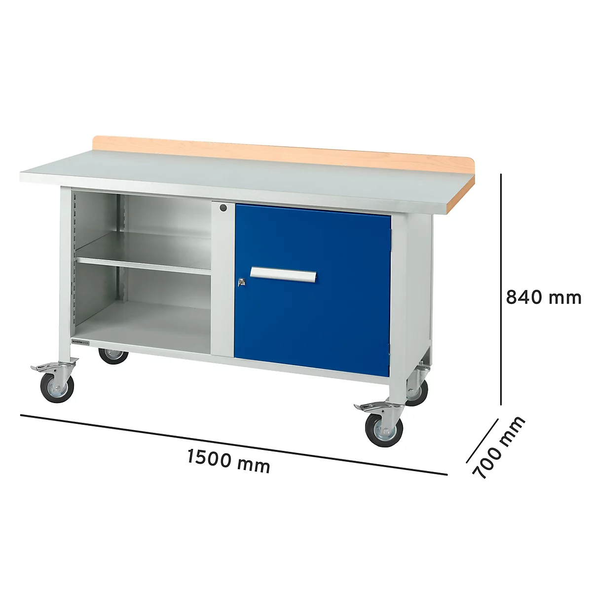 Werkbank met blauwe deur, houten blad en rollers. Afmetingen: 1500 x 700 x 840 mm.