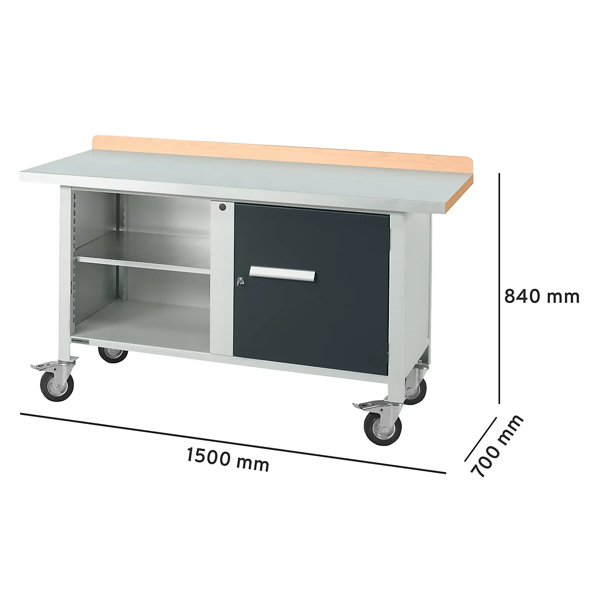 Werkbank met wielen: grijs, met houten werkblad, donkere deur, kast, lades en afmetingen.