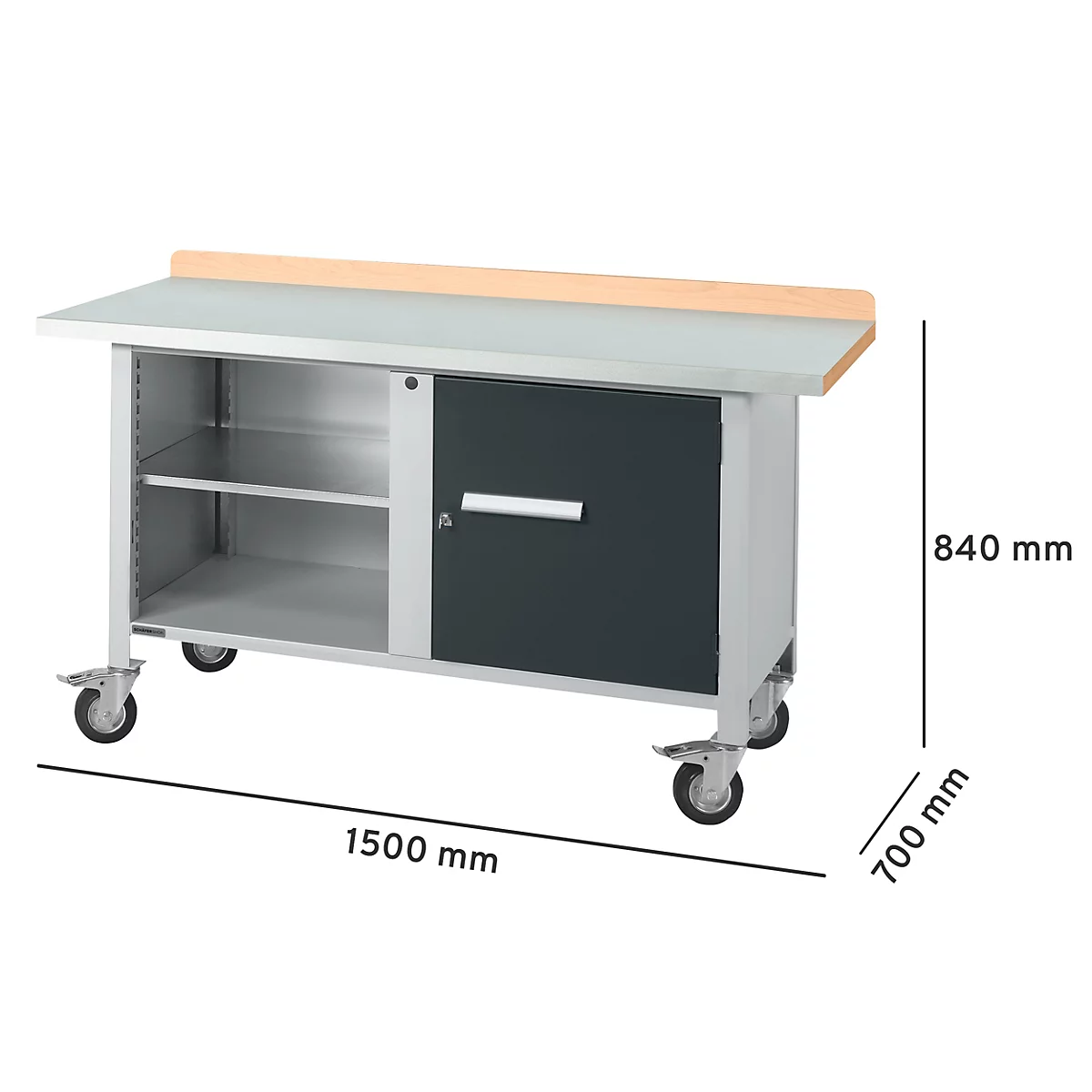Werkbank op wielen, metalen frame, houten blad, grijze kleur, kast met deur en lades.