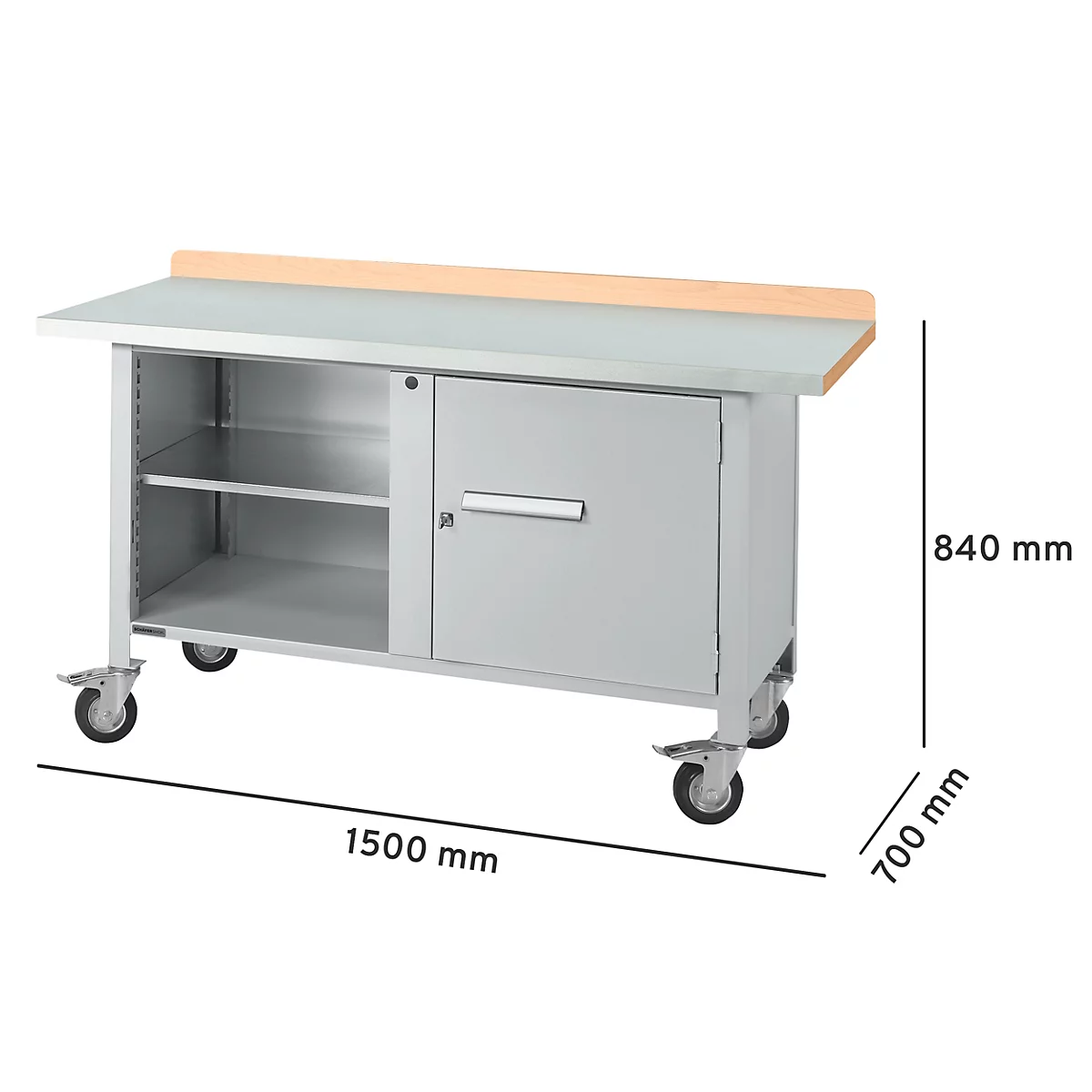 Verrijdbare werkbank: grijze metalen constructie, houten werkblad, kast, lades, 1500x700x840 mm.
