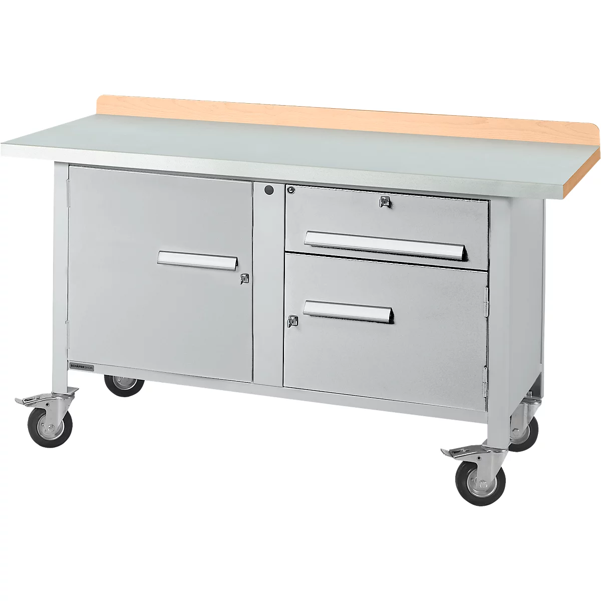 Metalen werkbank met wielen, lades en houten werkblad.