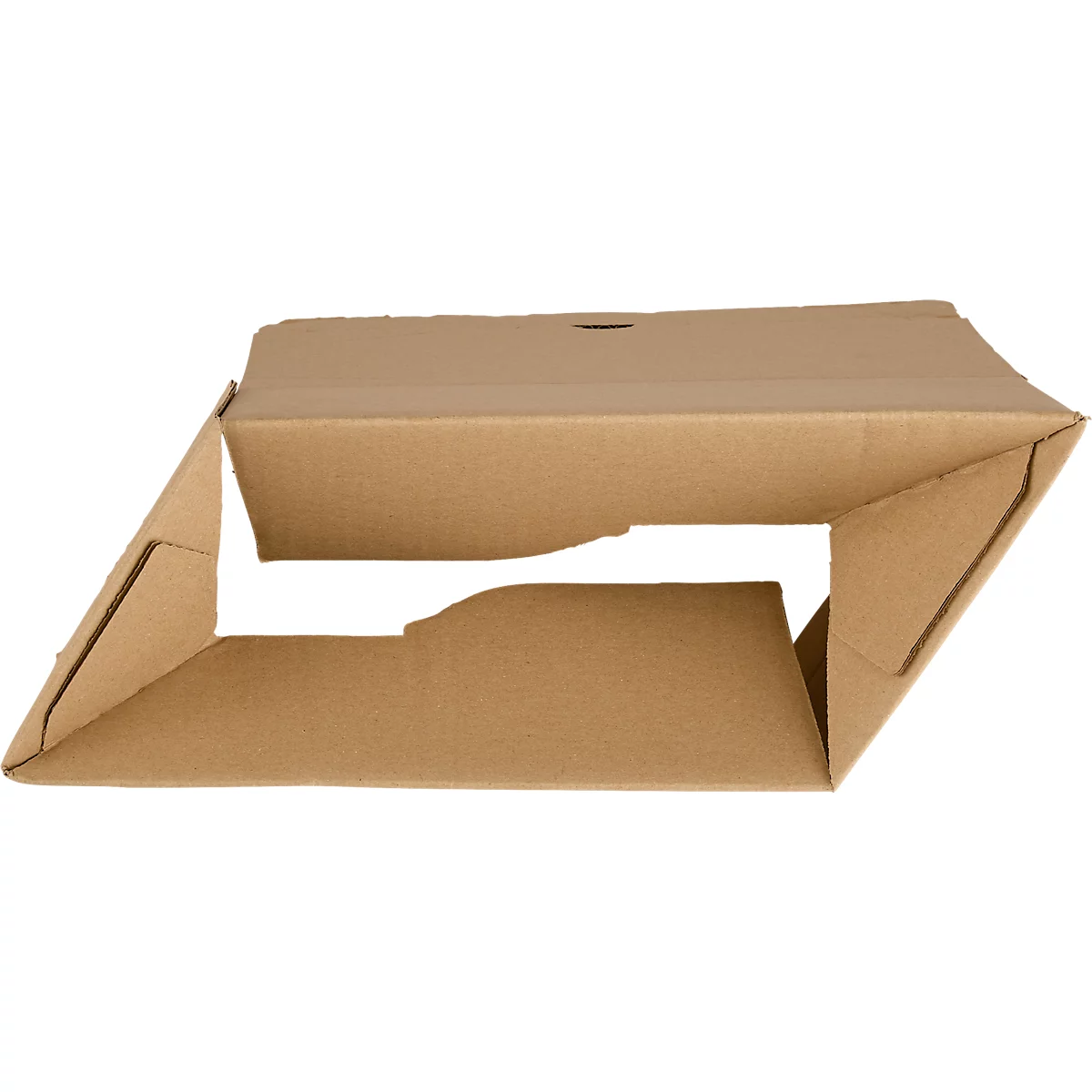 Geöffnete Verpackung aus Pappe, schräg von oben aufgenommen.
