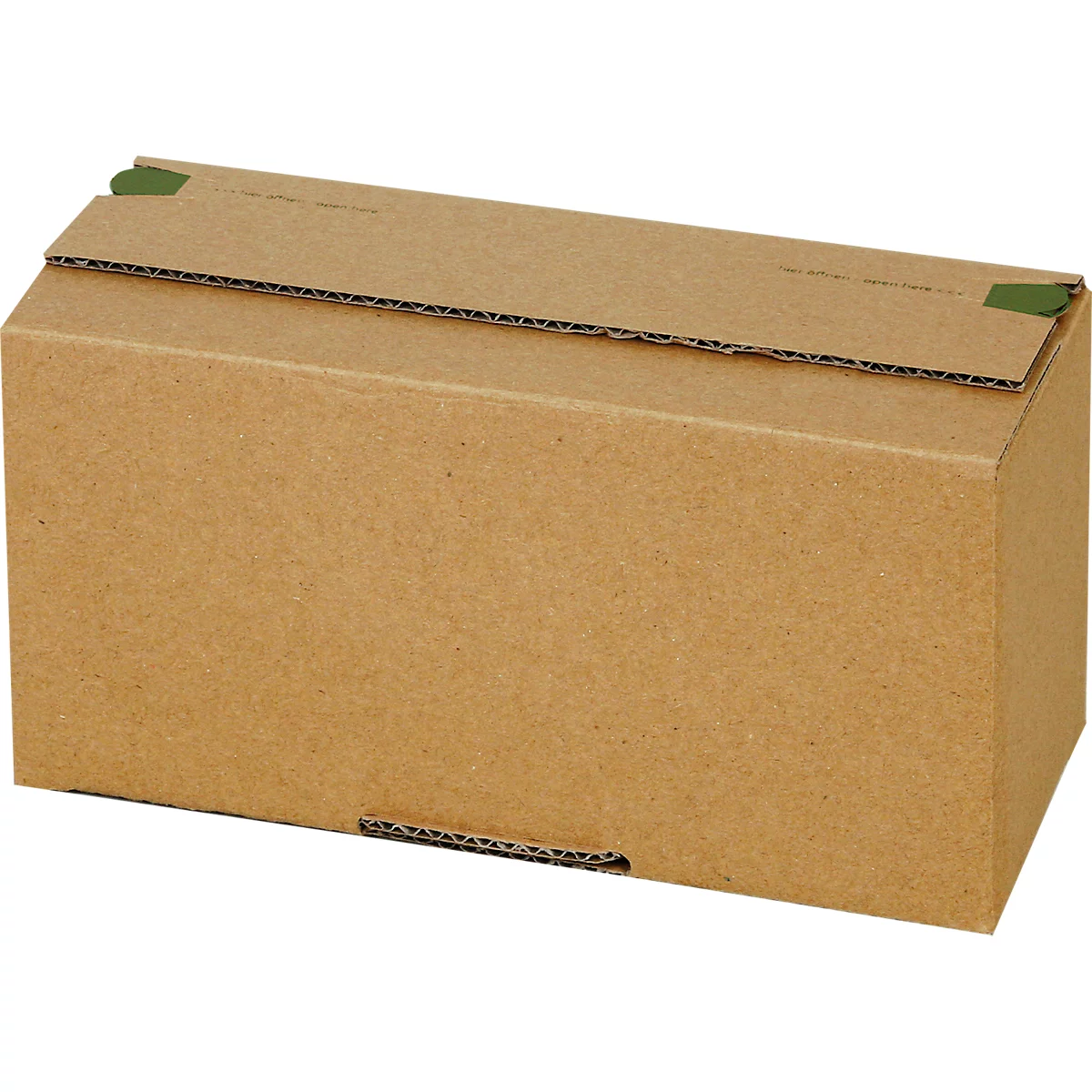 Braune Kartonbox mit geschlossenem Deckel, an den Ecken mit grünem Klebeband fixiert.