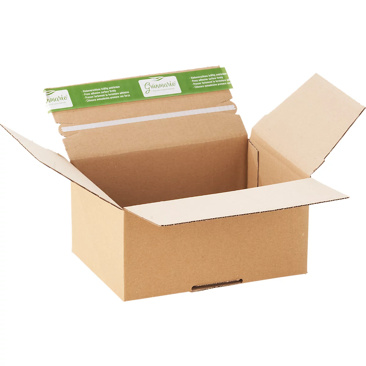 Geöffnete braune Versandbox mit grünem Klebeband und Aufschrift.