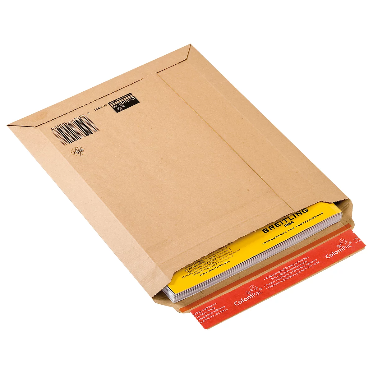 Brauner Versandtasche, teilweise geöffnet, mit gelbem und rotem Inhalt. Auf der Vorderseite sind Barcodes und Schriftzüge zu sehen.