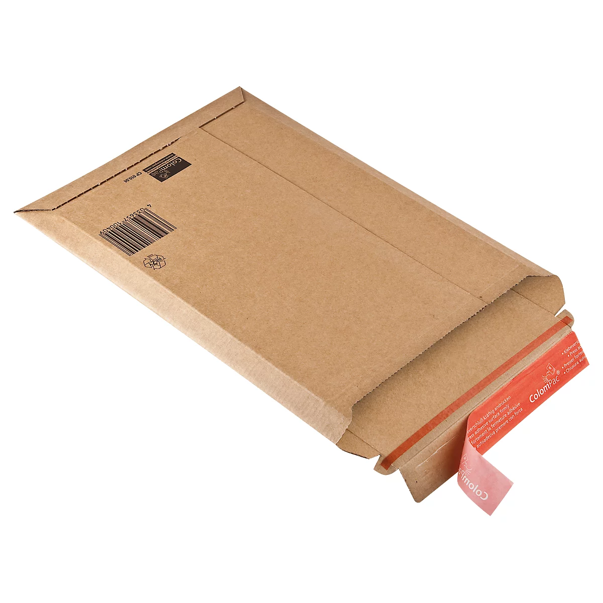 Brauner Versandkarton, teilweise geöffnet. Sichtbar sind Barcode, Klebestreifen mit Text und roter Aufdruck.