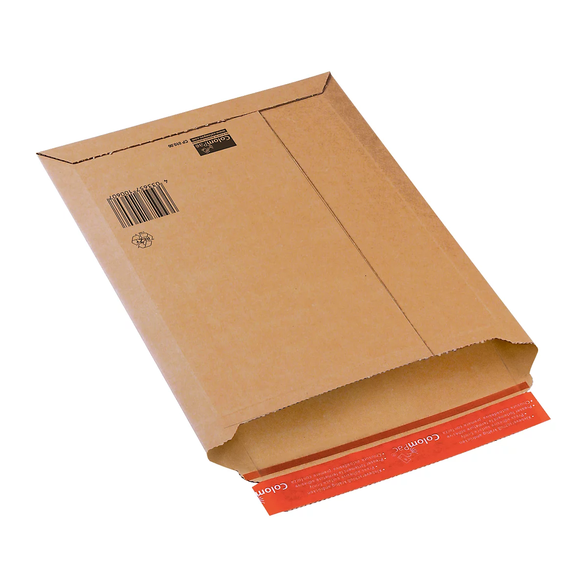 Brauner Versandtasche mit offenem Mund, rotem Streifen und Barcode.