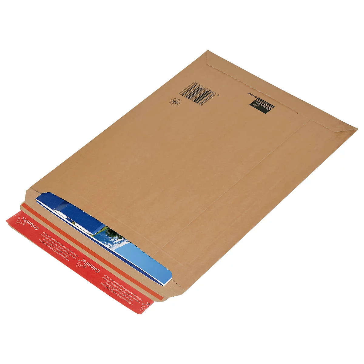 Brauner Versandtasche, teilweise geöffnet, mit Inhalt. Roter Verschlussstreifen mit Schriftzug.