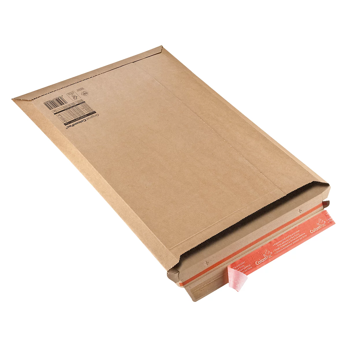 Ein brauner Umschlag aus Karton. Aufdruck mit Barcode und Schriftzügen.