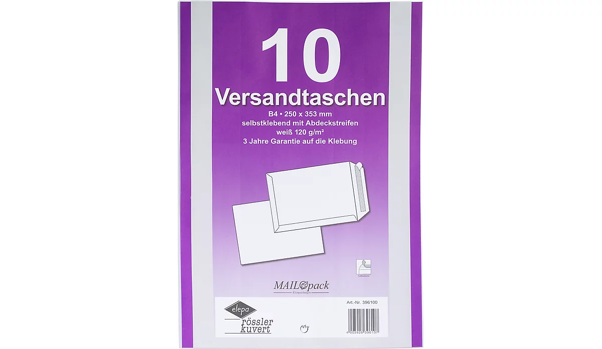 Versandtaschen Eurokuvert, DIN B4, ohne Fenster, haftklebend, 10 Stück, Papier, weiß