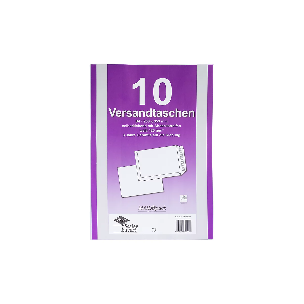 Versandtaschen Eurokuvert, DIN B4, ohne Fenster, haftklebend, 10 Stück, Papier, weiß