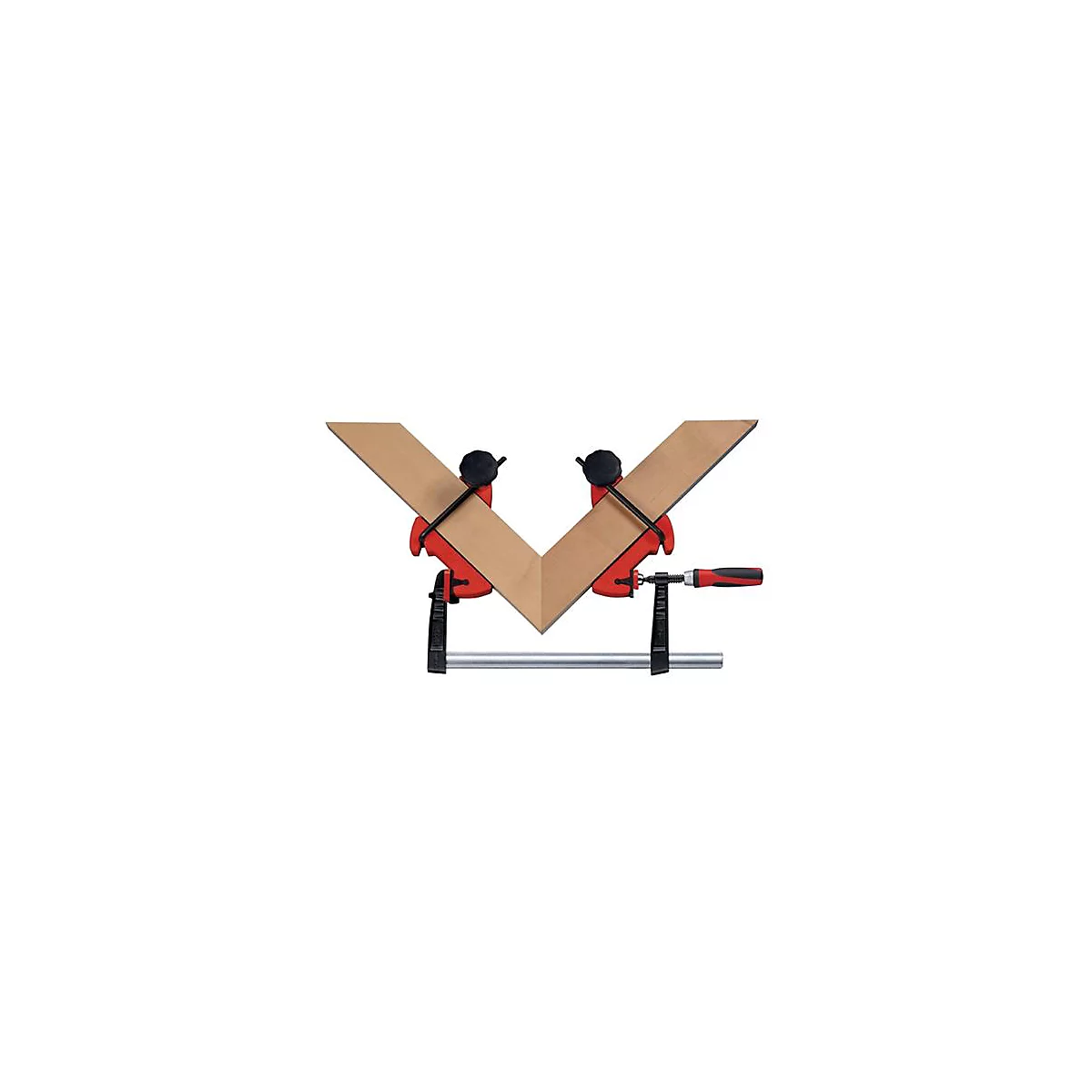 Twee stukken hout worden onder een hoek van 90 graden vastgezet met een rood-zwarte hoekklem.