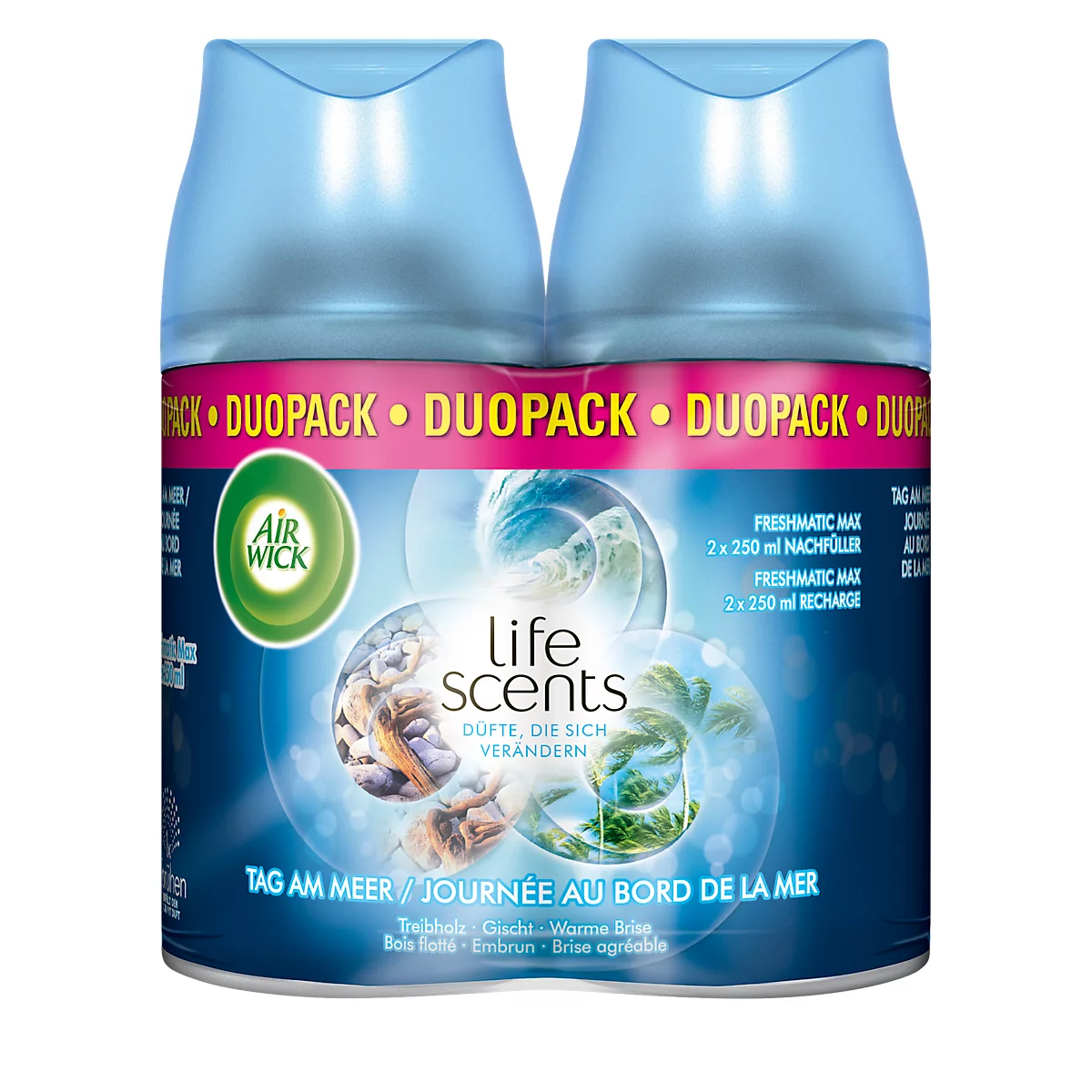 Verstuiver Air Wick Dag aan zee, duopack 2 x 250 ml, Navulling voor Freshmatic Max apparaten, werkt tot wel 60 dagen lang