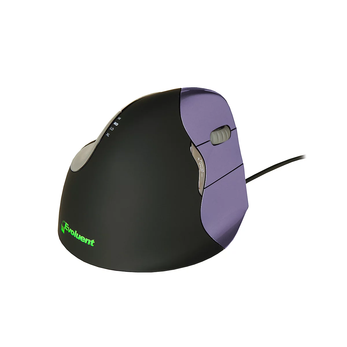 Ergonomic mouse in black and purple. The 'Evoluent' logo is visible on the side.