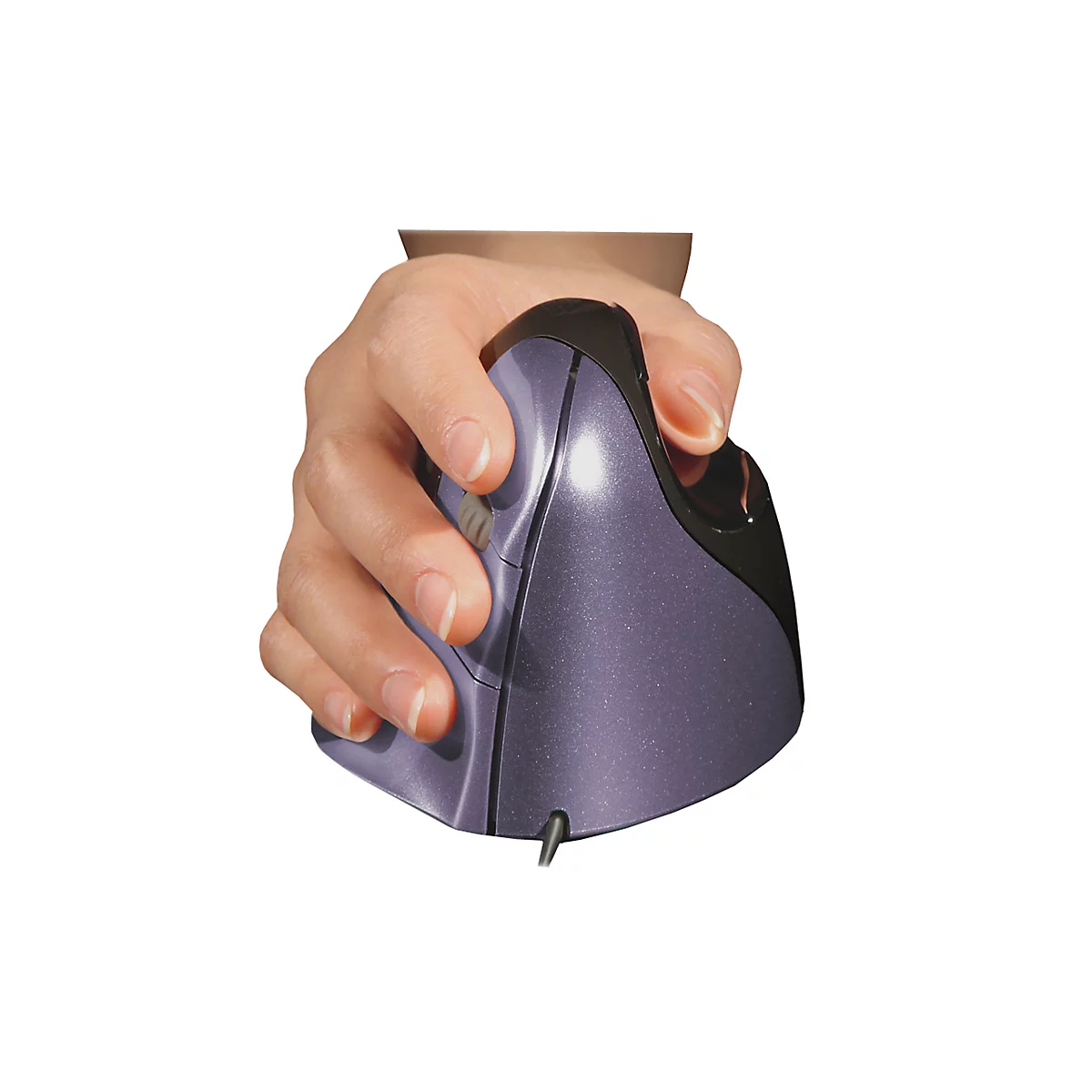A hand holds an ergonomic, gray computer mouse.