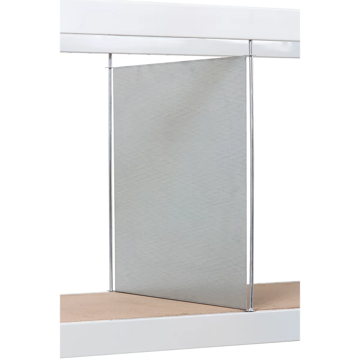 Grey, rectangular partition with fine structure in shelf. White frames, brown floor.