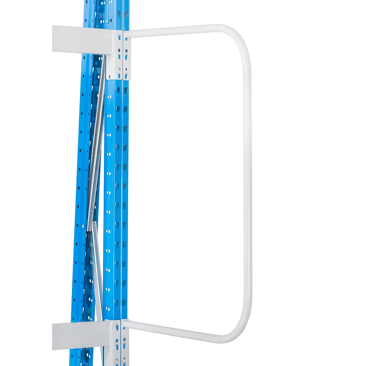 White curved handrail on blue shelf supports.