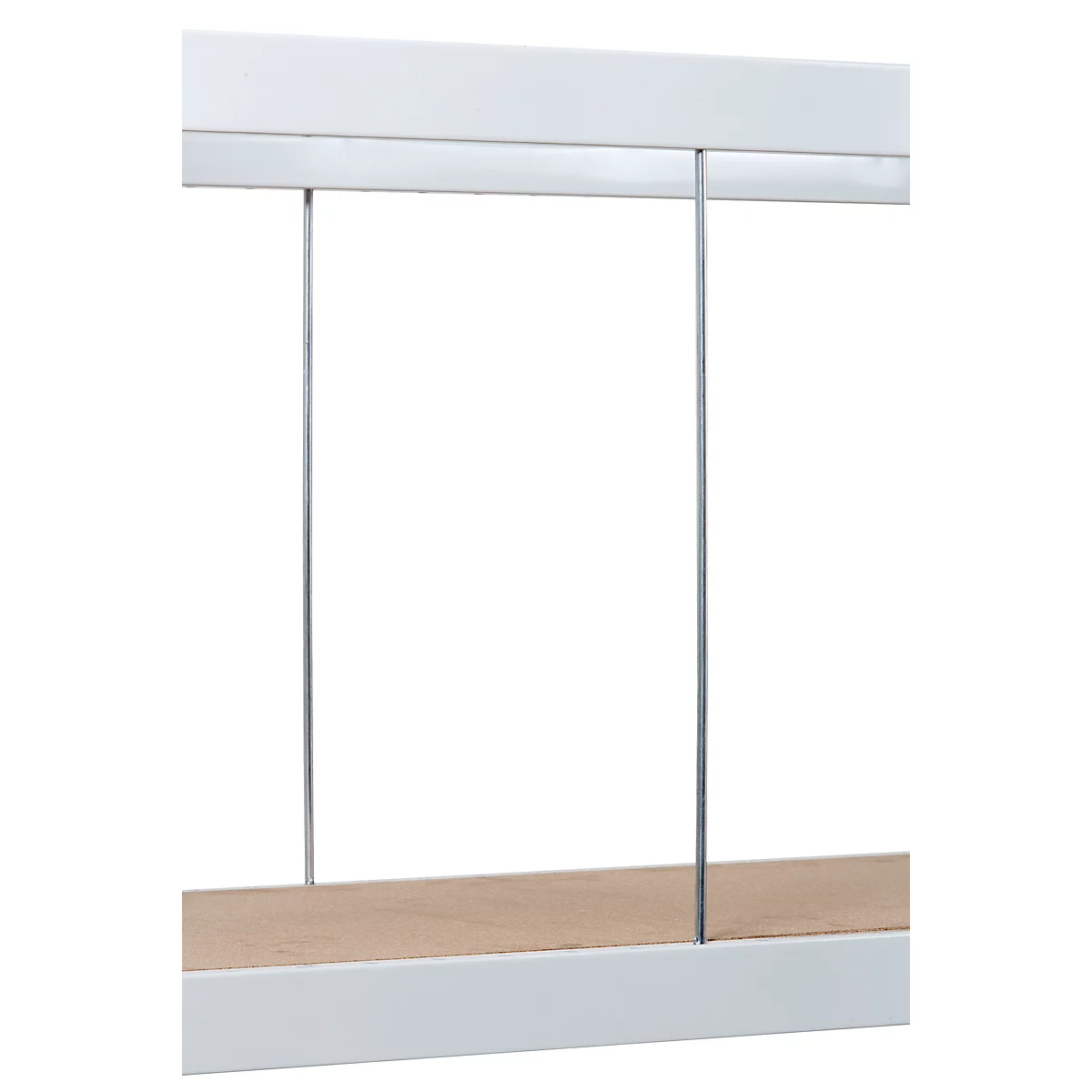 Close-up of a white shelf bracket with wooden panel and steel cables as demarcation.