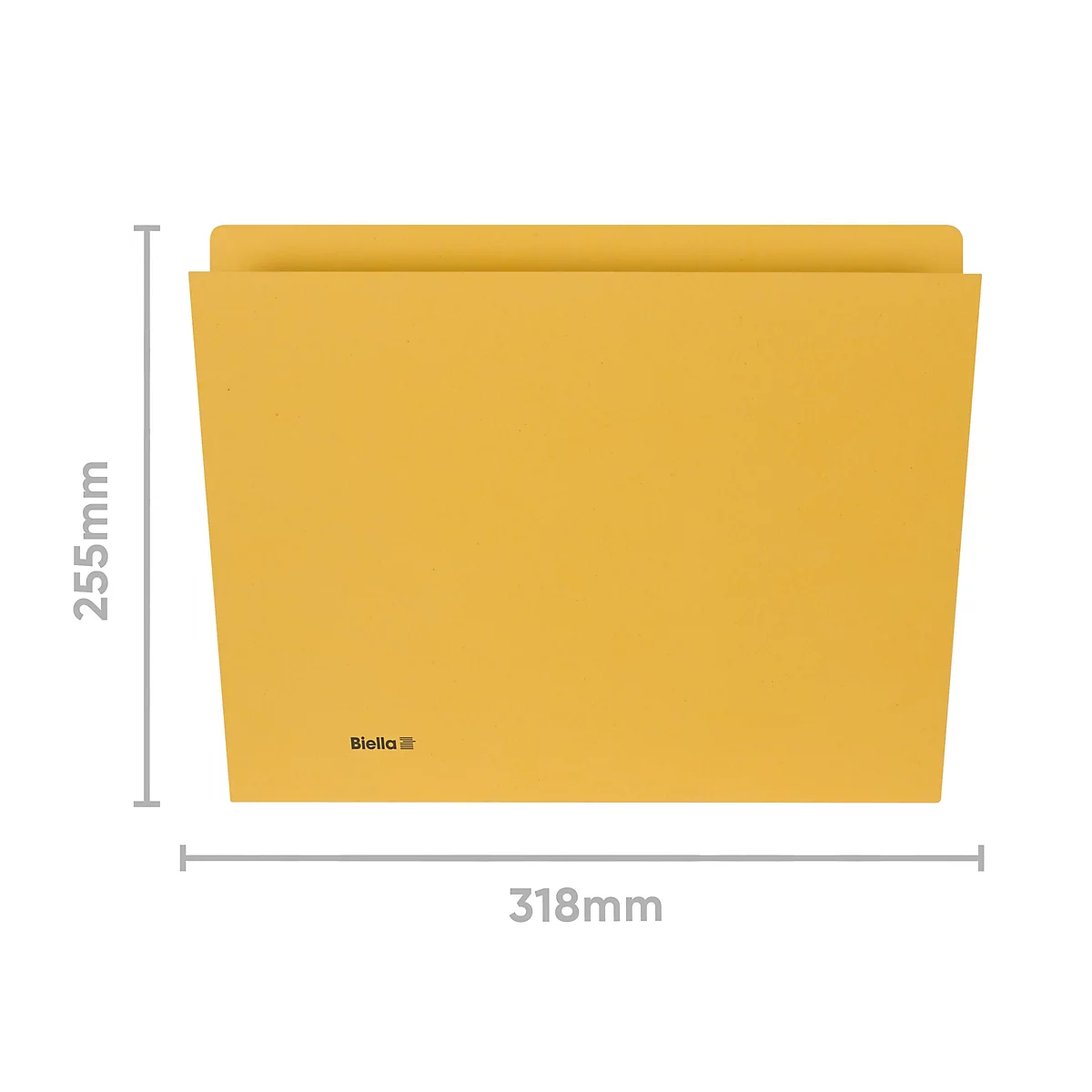 Gelbe Aktenmappe mit Massangaben: 255mm x 318mm. Logo "Biella".