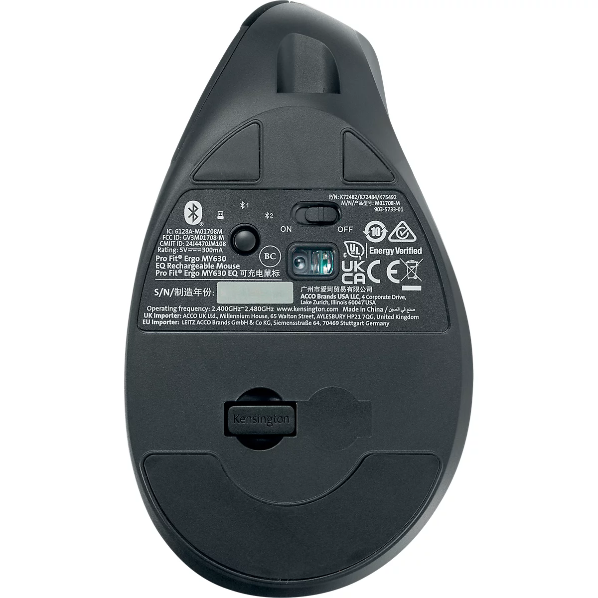 Vertikalmaus Kensington MY630 EQ Pro Fit™ Ergo M, kabellos, wiederaufladbarer Akku, 6 Tasten und Scrollrad, 1000/1600/2400 dpi, PCR, schwarz