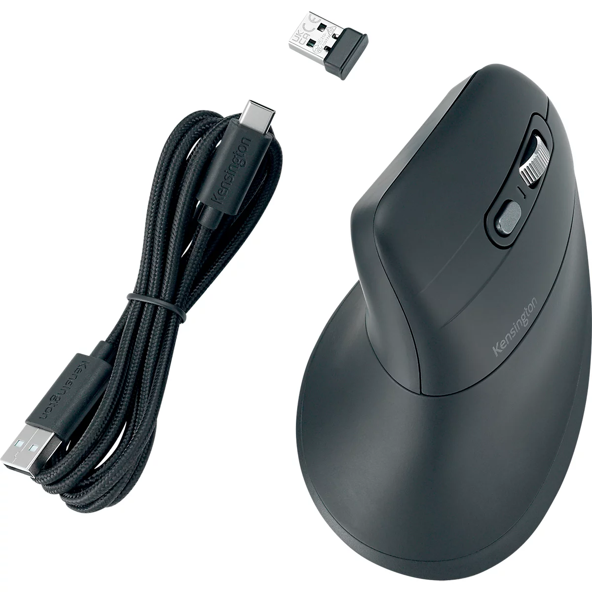 Vertikalmaus Kensington MY630 EQ Pro Fit™ Ergo M, kabellos, wiederaufladbarer Akku, 6 Tasten und Scrollrad, 1000/1600/2400 dpi, PCR, schwarz