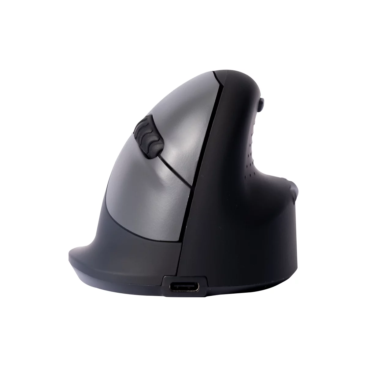 Ergonomische Maus in Schwarz und Grau. Sie hat eine vertikale Form mit Tasten und einem USB-C-Anschluss.