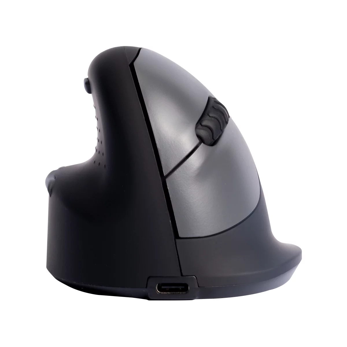 Ergonomische Vertikalmaus in Schwarz und Grau. Sie hat eine gebogene Form und USB-C-Anschluss.