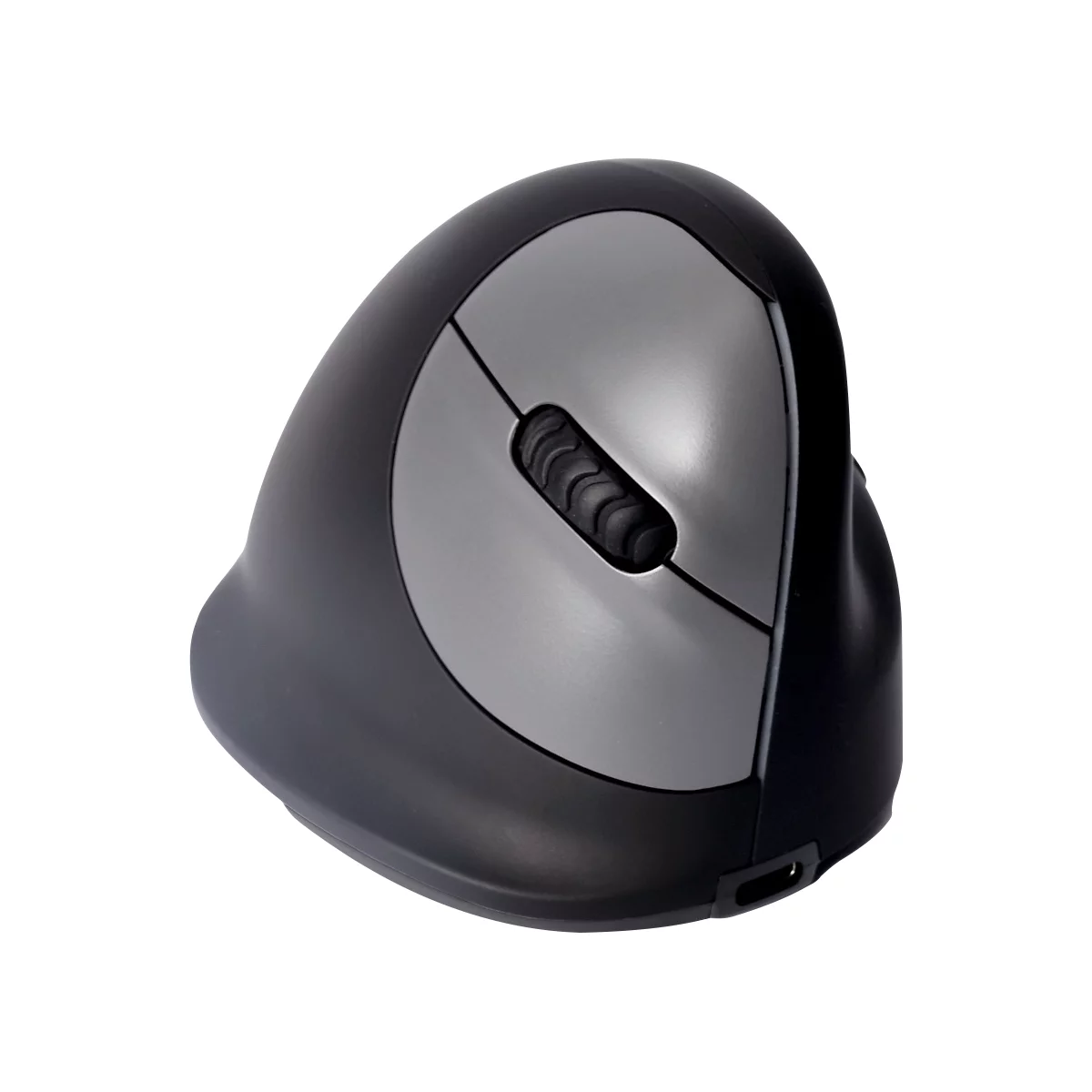 Ergonomische Maus in Schwarz und Grau mit Scrollrad. Vertikales Design, zur Handhaltung.