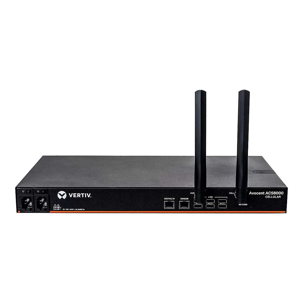 Schwarzes Netzwerkgerät mit zwei Antennen. Auf der Vorderseite sind Anschlüsse und der Schriftzug "VERTIV" zu sehen. Rechts steht "Avocent ACS8000 CELLULAR".