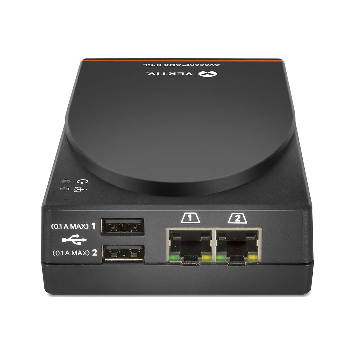 Ein schwarzes elektronisches Gerät mit USB-Anschlüssen, Netzwerkkabeln und Beschriftungen. Das Gerät trägt das Logo von Vertiv.