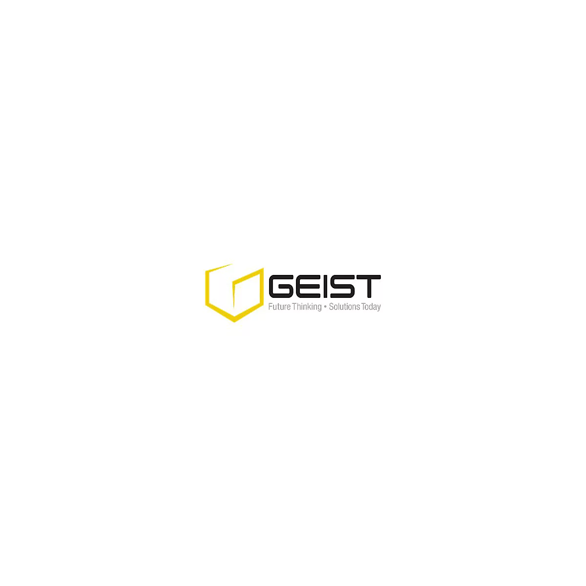 Logo der Firma GEIST, mit gelbem Kubus und Text: Future Thinking • Solutions Today.