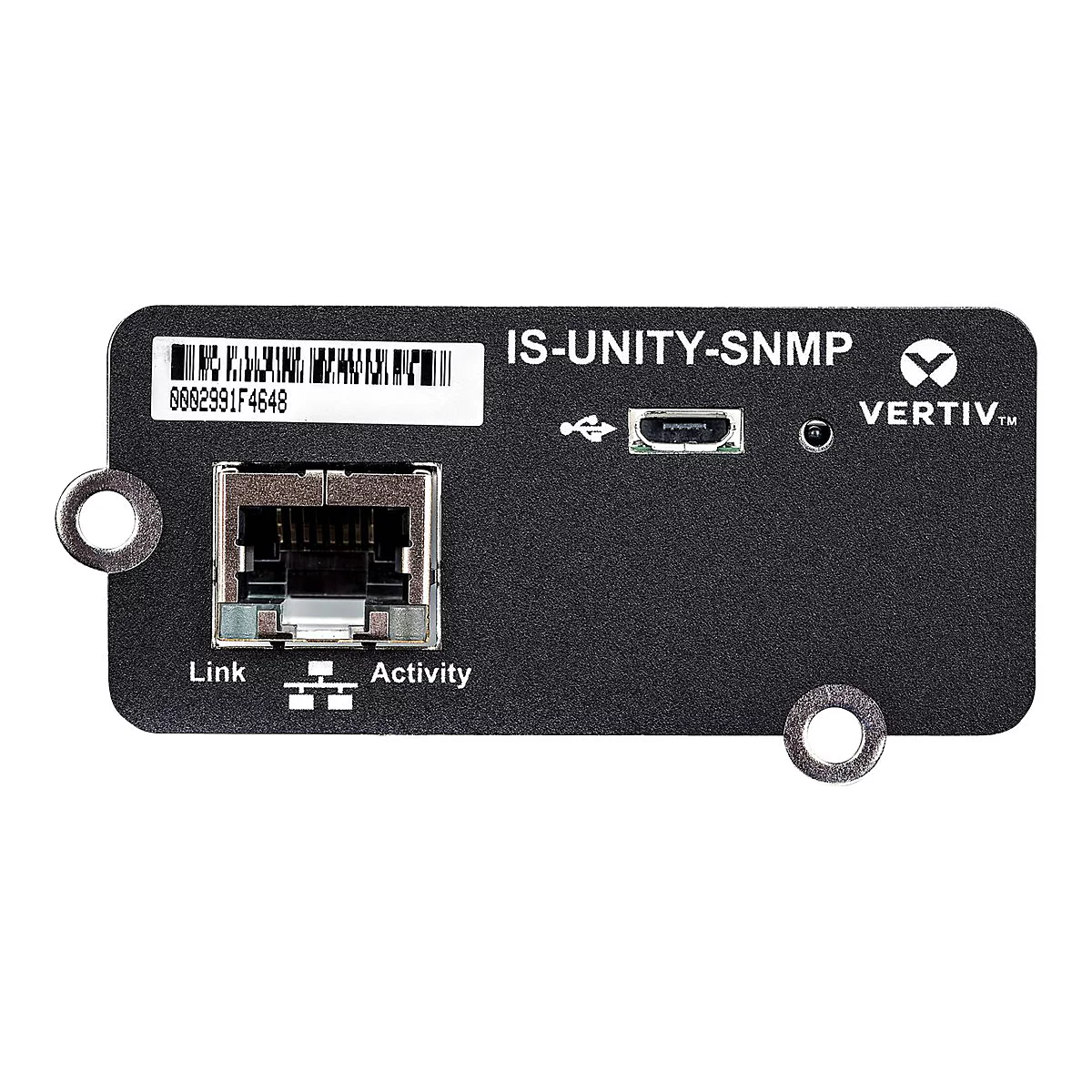 Schwarzes Netzwerkmodul mit Anschlüssen, Beschriftungen und Firmenlogo. Anschlüsse: RJ45, USB. Schriftzug: IS-UNITY-SNMP. Vertiv Logo.