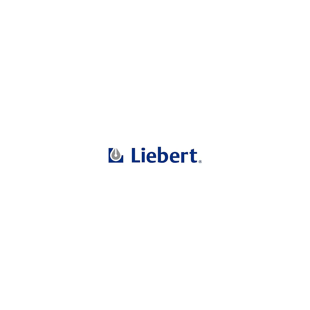 Logo der Firma Liebert, blaues Wortbild mit einem abstrakten Icon.