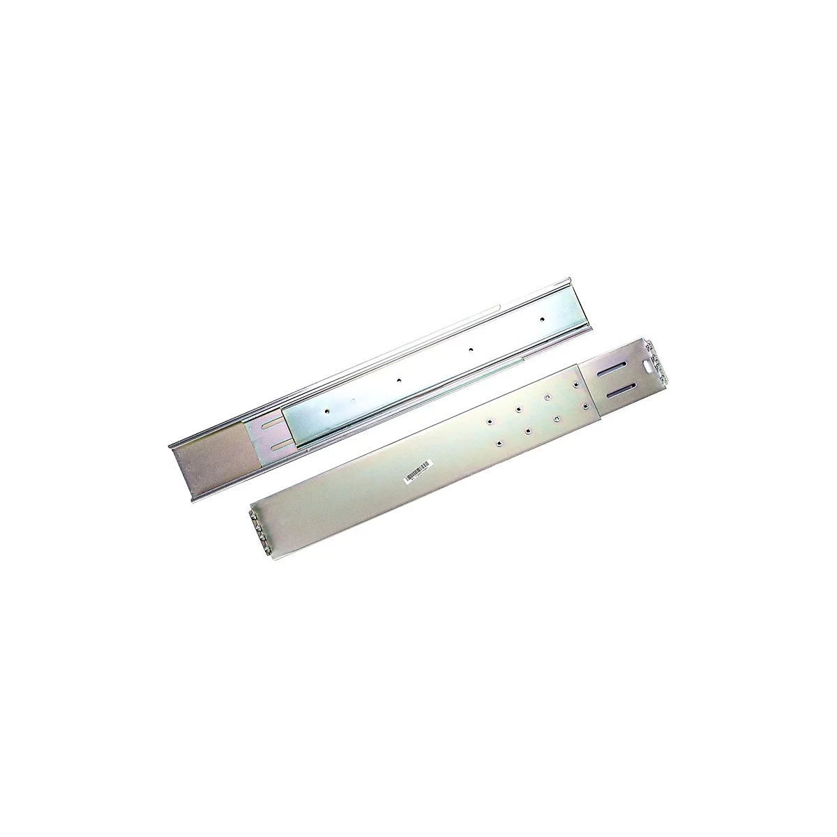 Zwei silberfarbene Schubladenschienen auf weißem Hintergrund. Eine Schiene ist montiert, die andere daneben.