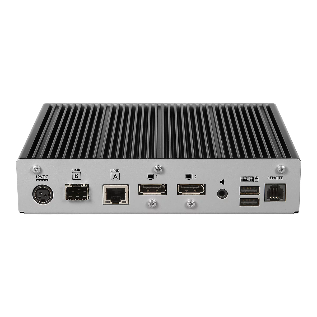 Ein Computer-Miniaturgehäuse mit geriffelter Oberseite und verschiedenen Anschlüssen, darunter Ethernet-, USB-, Audio- und Stromanschlüsse.