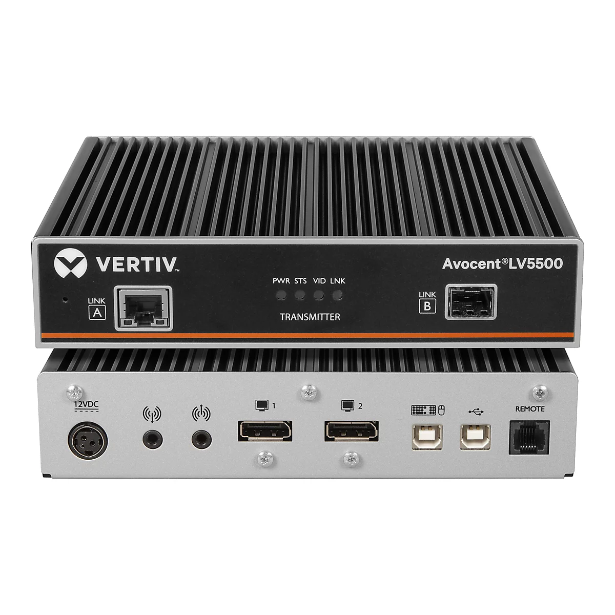 Zwei schwarze, rechteckige Geräte mit Anschlüssen, übereinander angeordnet. Auf dem oberen Gerät steht "VERTIV" und "Avocent®LV5500".