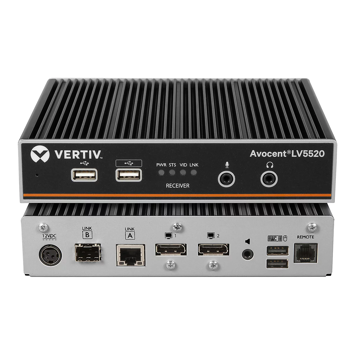 Zwei graue elektronische Geräte, eines oben auf dem anderen gestapelt. Oben ist ein Gerät mit schwarzen Lamellen und der Aufschrift VERTIV und Avocent LV5520.