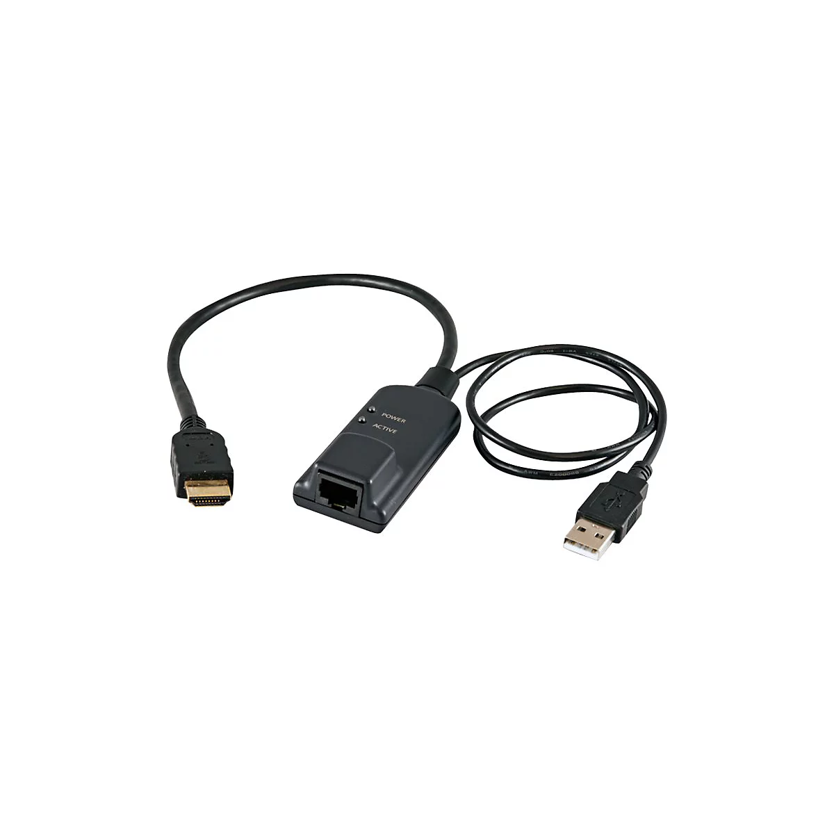 Appareil noir avec trois câbles: HDMI, USB et Ethernet, avec l'inscription Power/Active.