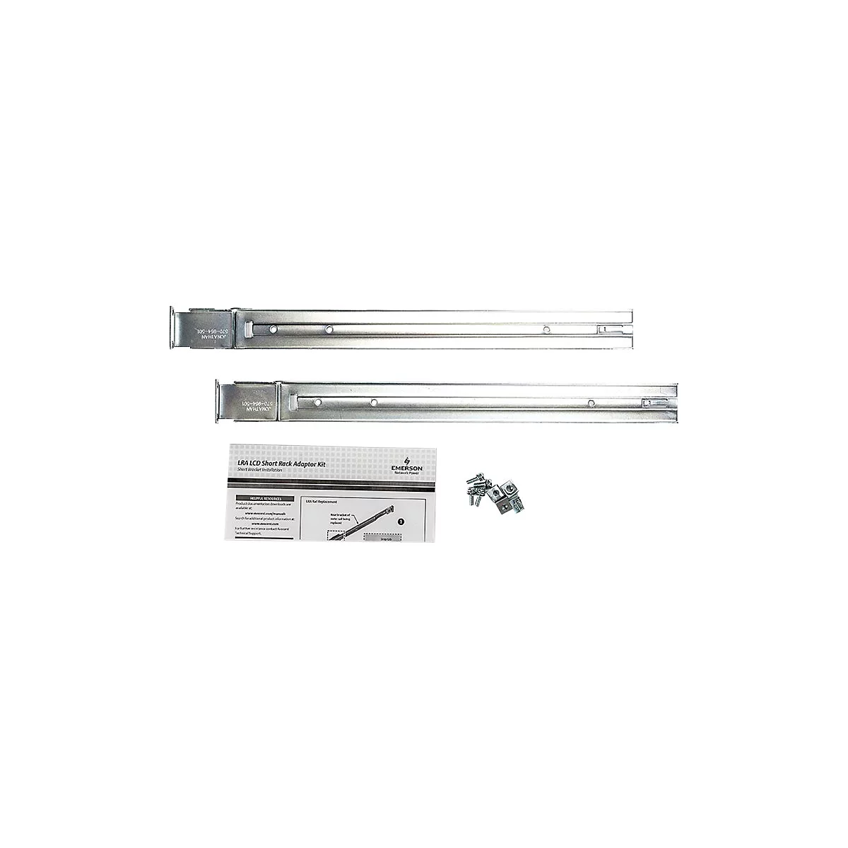 Zwei silberfarbene Schienen, eine Anleitung und Befestigungsteile. Auf der Anleitung steht: LRA LCD Short Rack Adaptor Kit.