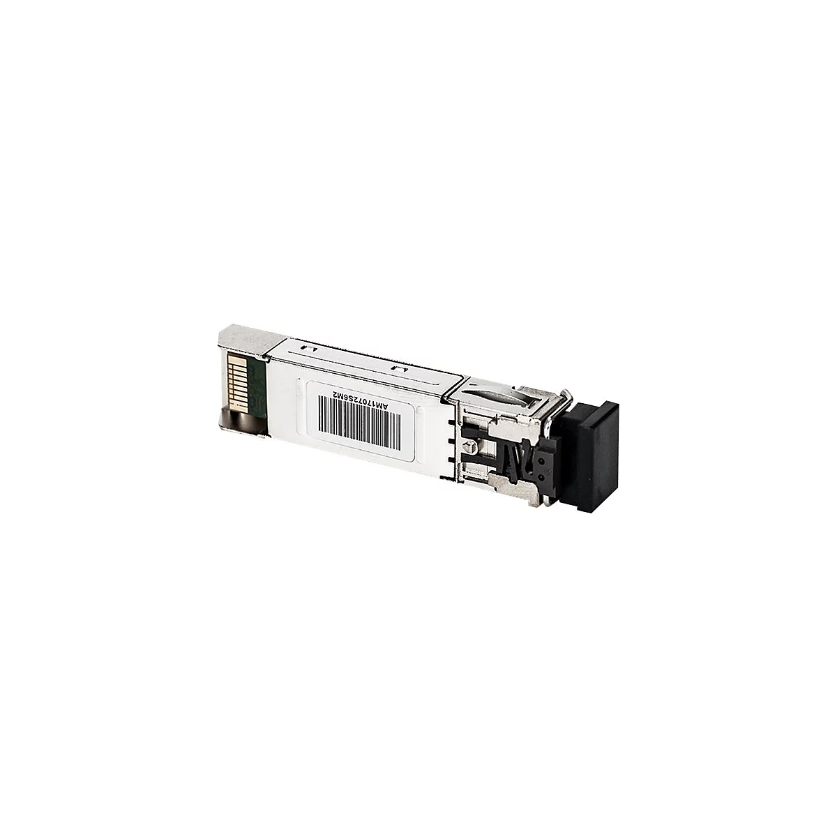 Ein silberner SFP-Transceiver. Auf einem Aufkleber steht AM1707256M2.