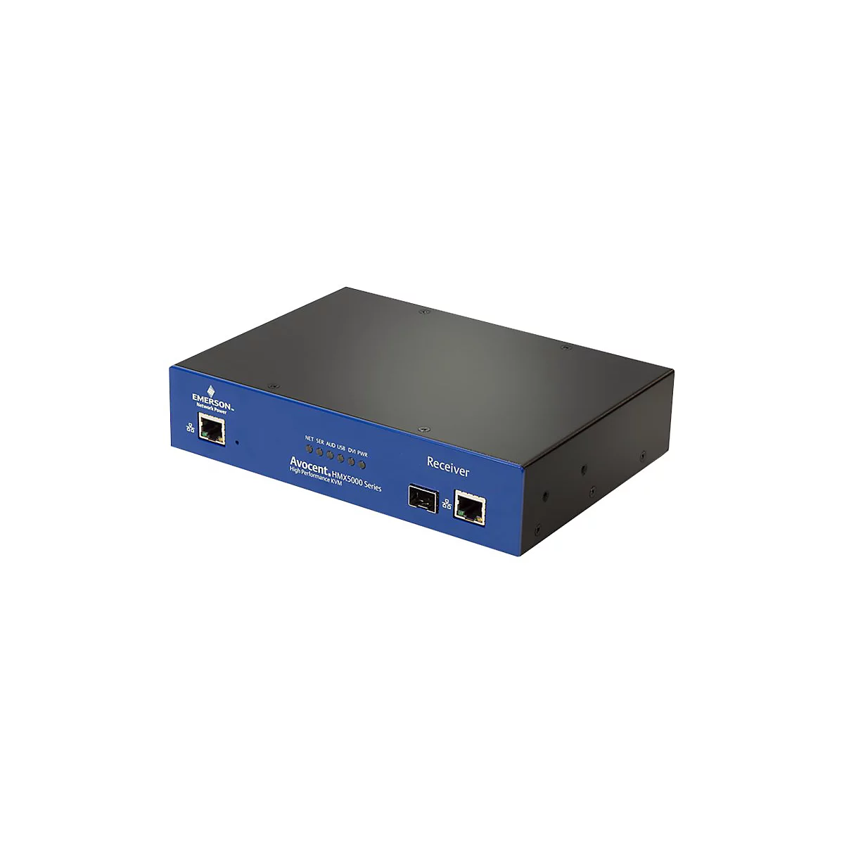 Ein schwarzes und blaues Empfangsgerät mit Aufschriften von Emerson und Avocent, vor weißem Hintergrund.