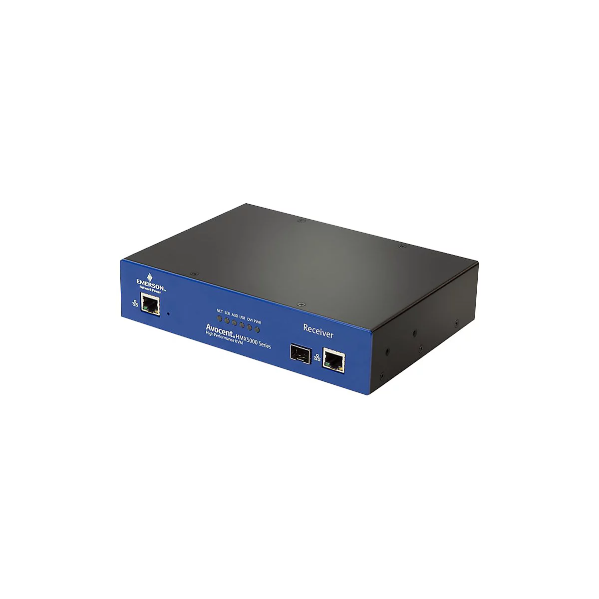 Ein schwarzer, blauer und silberner Empfänger der Avocent, HMX5000 Serie auf weißem Hintergrund.