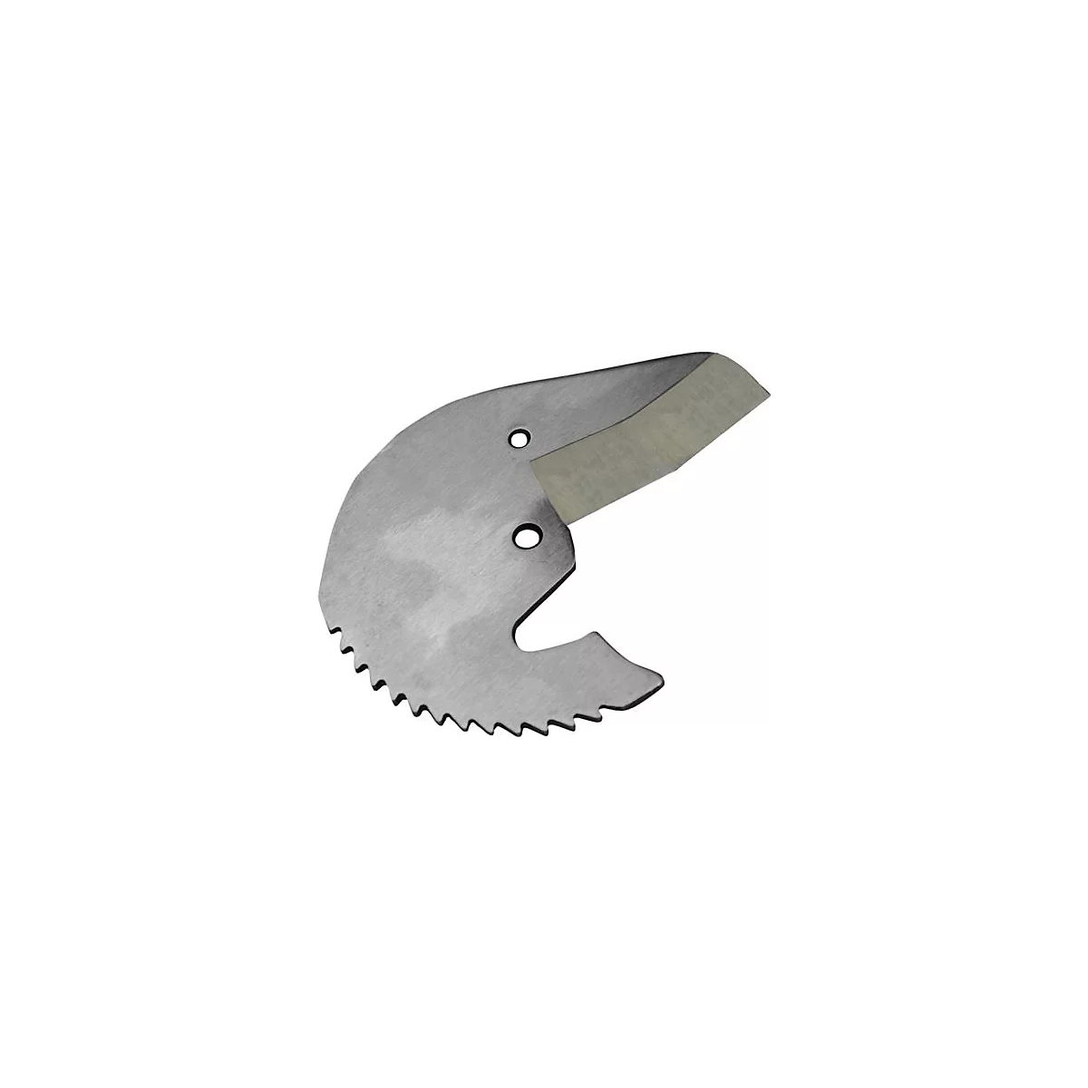 Metalen mes met gekartelde rand en scherpe snijkant. Twee gaten en een gebogen vorm.