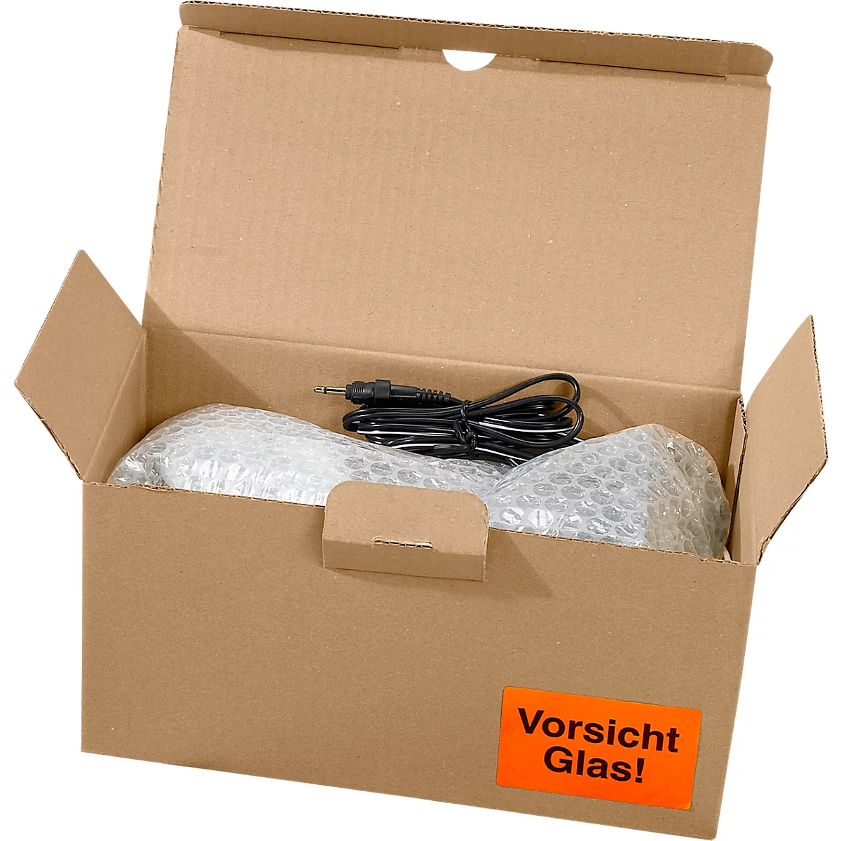 Open kartonnen doos met product verpakt in noppenfolie. Een kabel ligt ernaast. Sticker zegt: Voorzichtig glas!