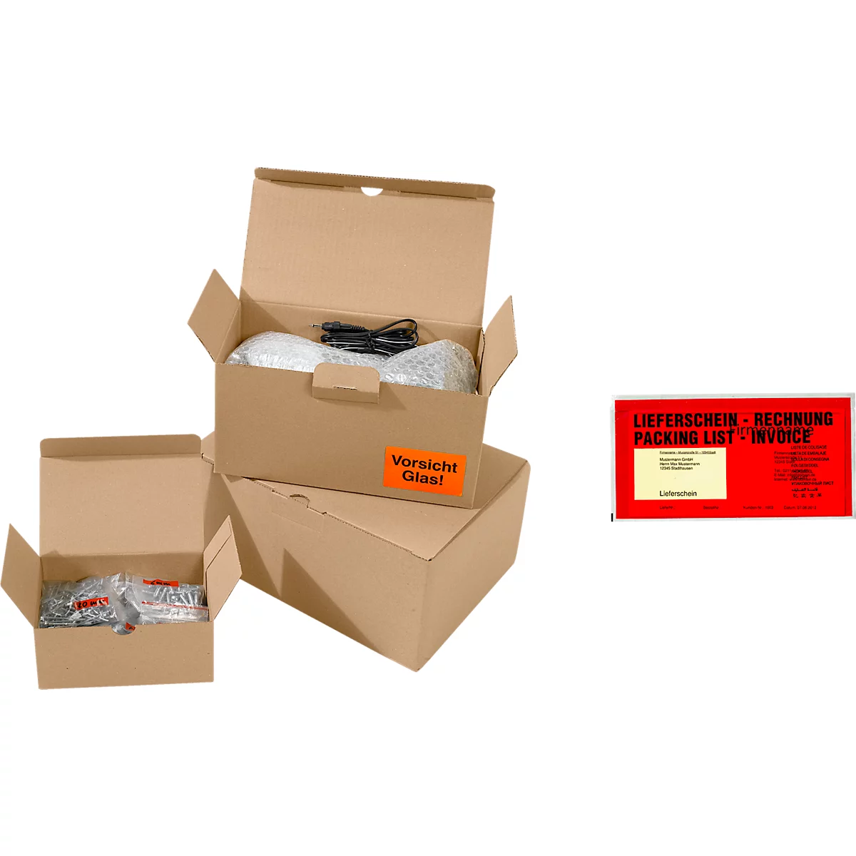 Verzenddozen met automatische bodem, binnenafmetingen L 175 x B 105 x H 75 mm, 100 stuks + 250 pakbonzakjes DEBATEC, DIN lang, venster &amp; opdruk, rood